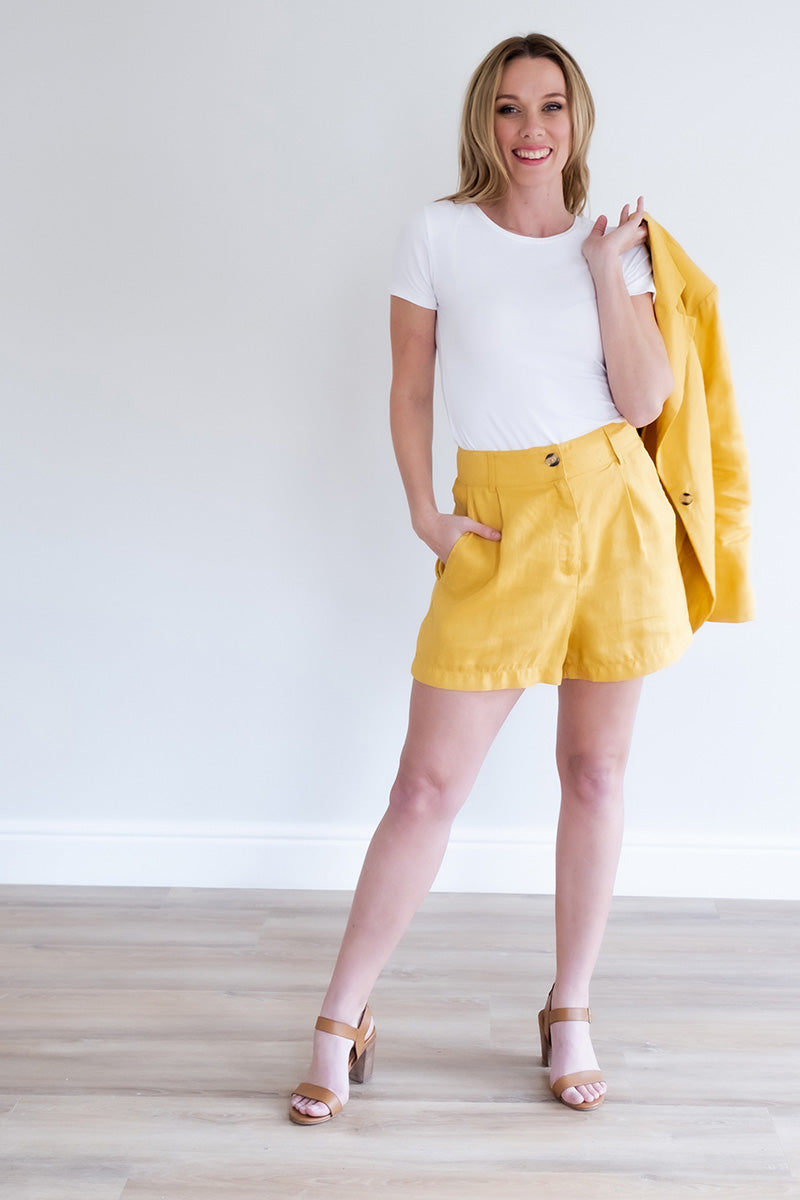 Mustard high waisted shorts online